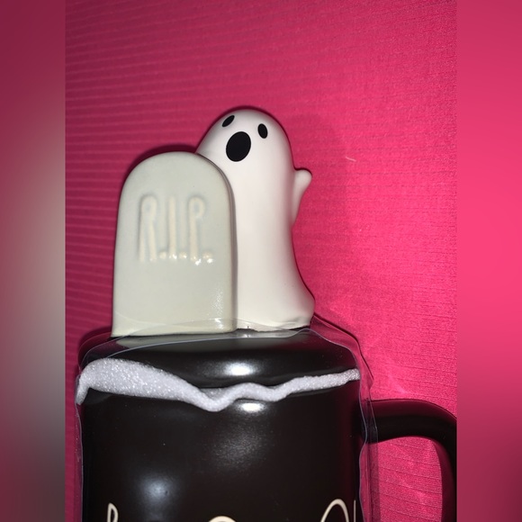 Black mug w/ handle & script “BOOOO!”W/ top lid that has ghost & RIP headstone. - Picture 5 of 5